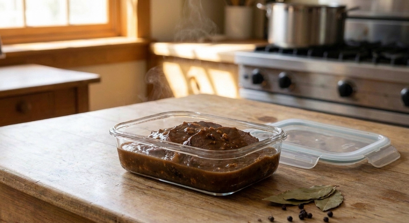 An airtight glass container filled with sliced sauerbraten and gravy cooling on a kitchen counter with a lid nearby