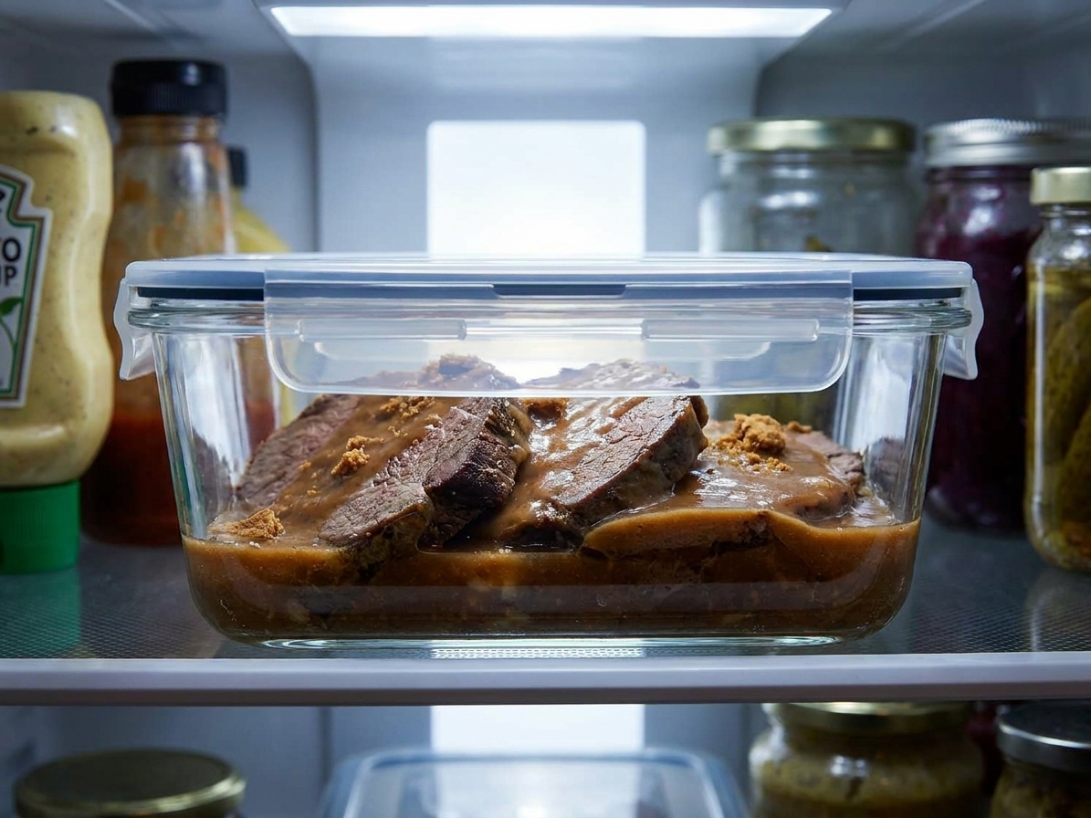 An airtight glass container filled with sliced sauerbraten and brown gravy stored on a refrigerator shelf