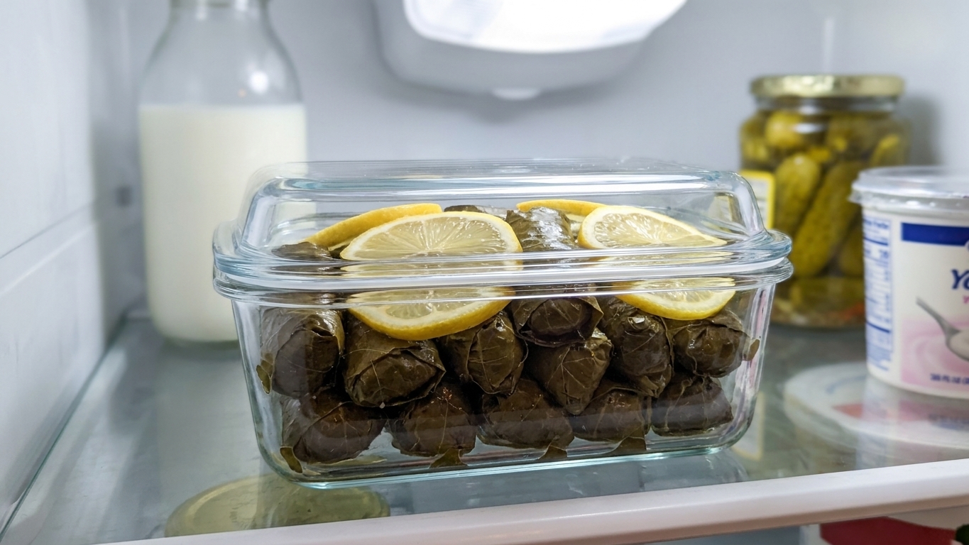 An airtight glass container filled with stuffed grape leaves with lemon slices tucked on top, sitting on a refrigerator shelf