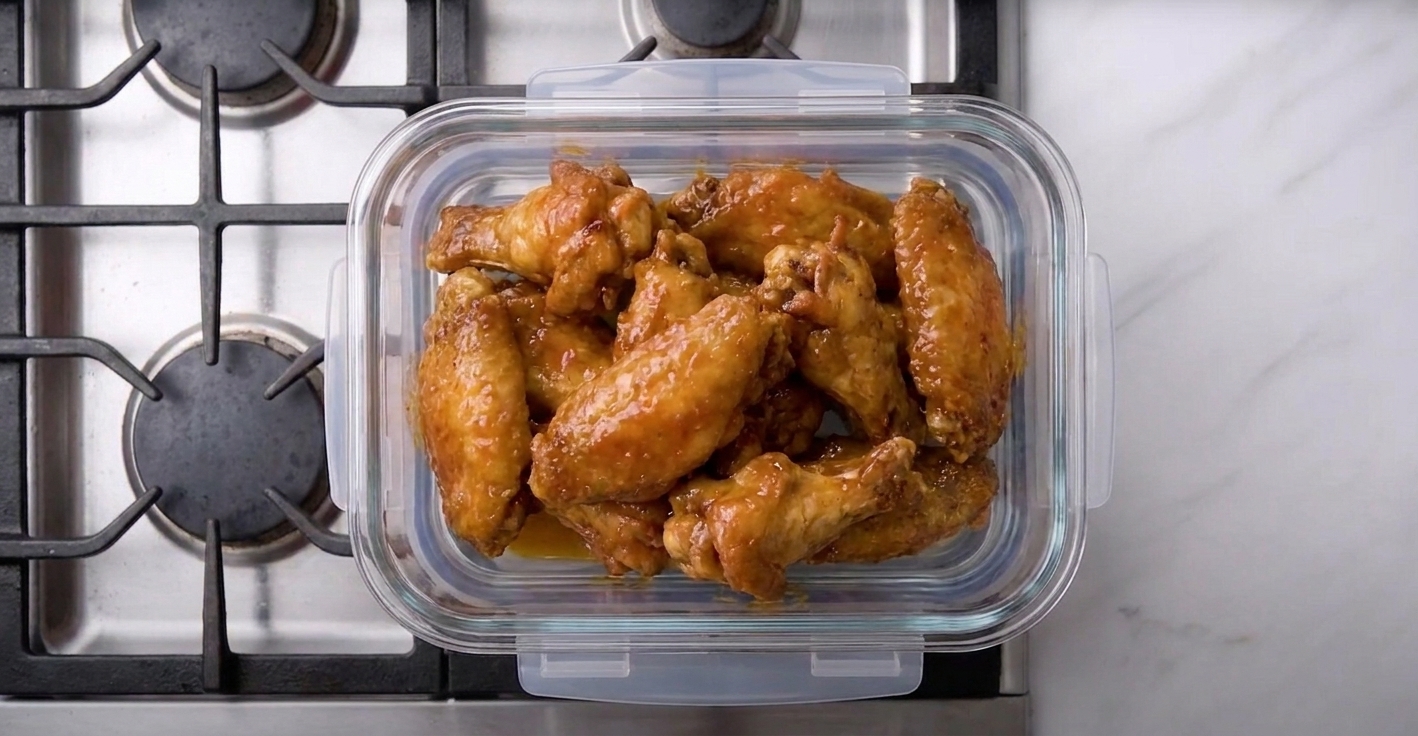 An airtight glass container holding leftover Buffalo wings on a kitchen counter