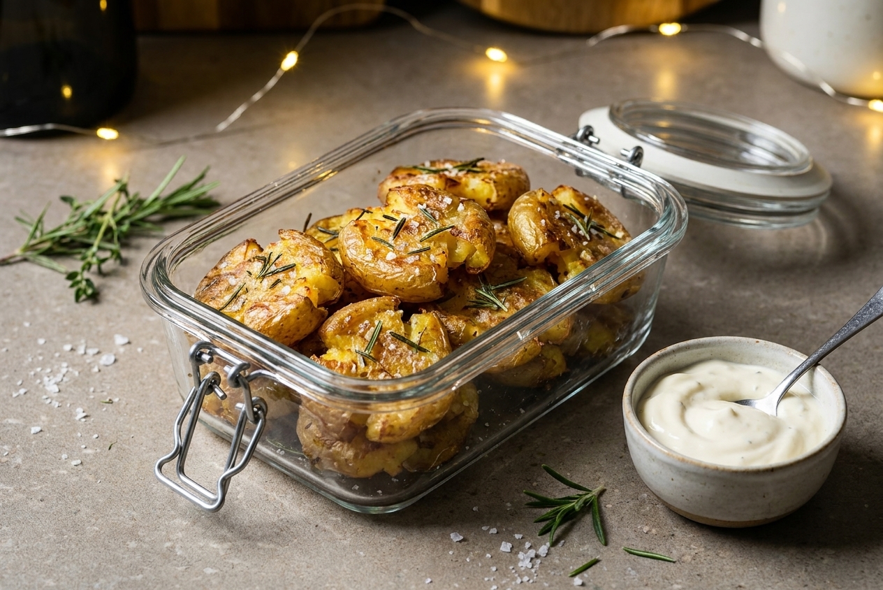An airtight glass container holding leftover crispy smashed potatoes on a stone-colored kitchen counter with a small container of dip beside it