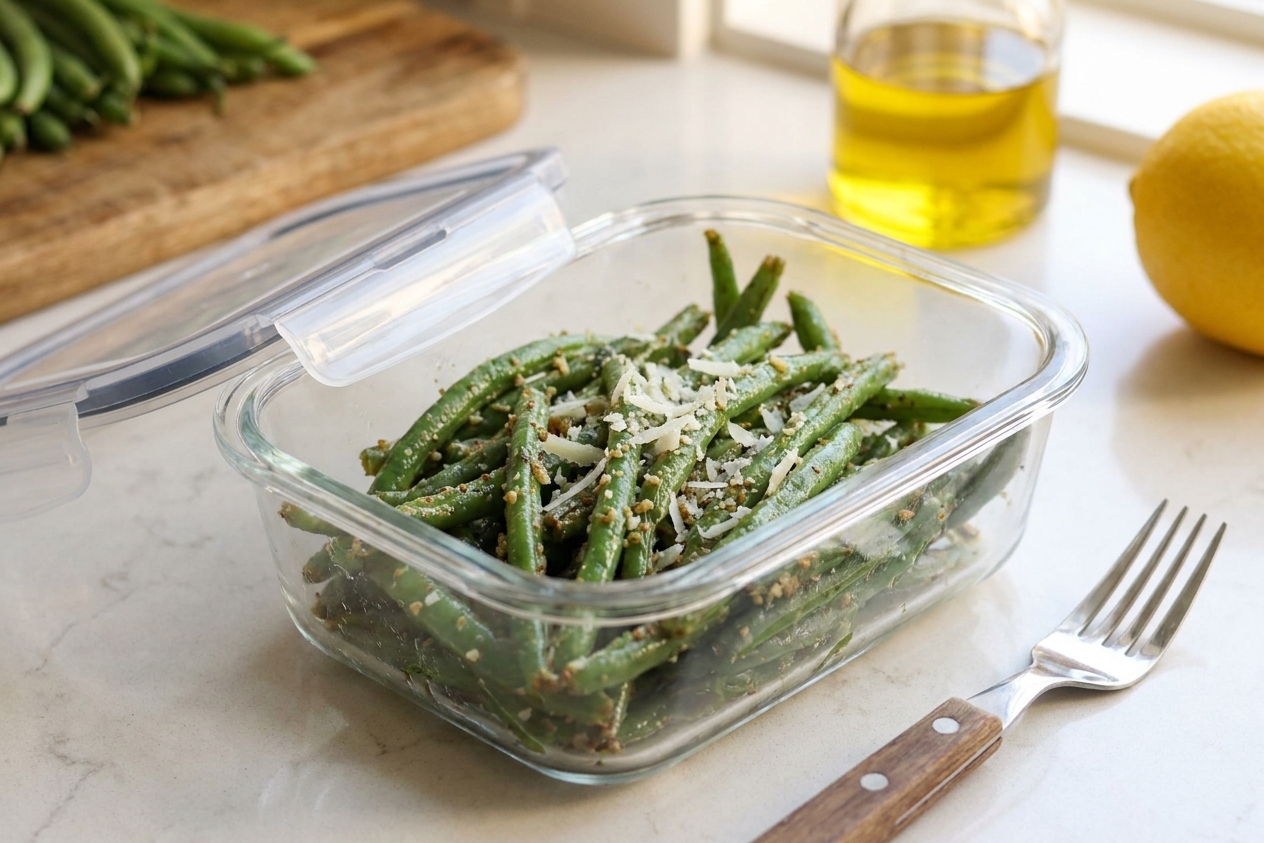 An airtight glass container holding leftover garlic parmesan green beans on a kitchen counter beside a fork