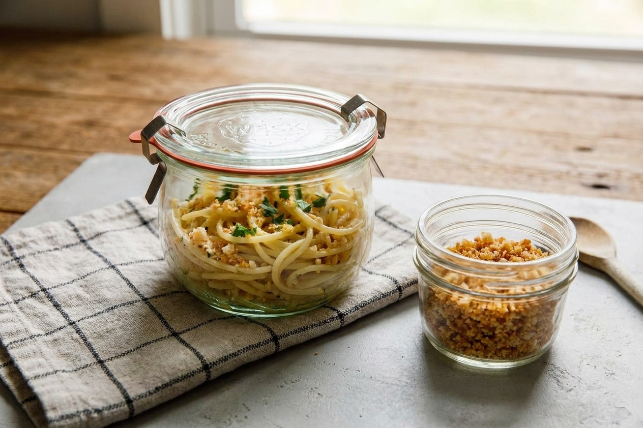An airtight glass container holding leftover lemon garlic pasta on a kitchen counter next to a small jar of toasted breadcrumbs