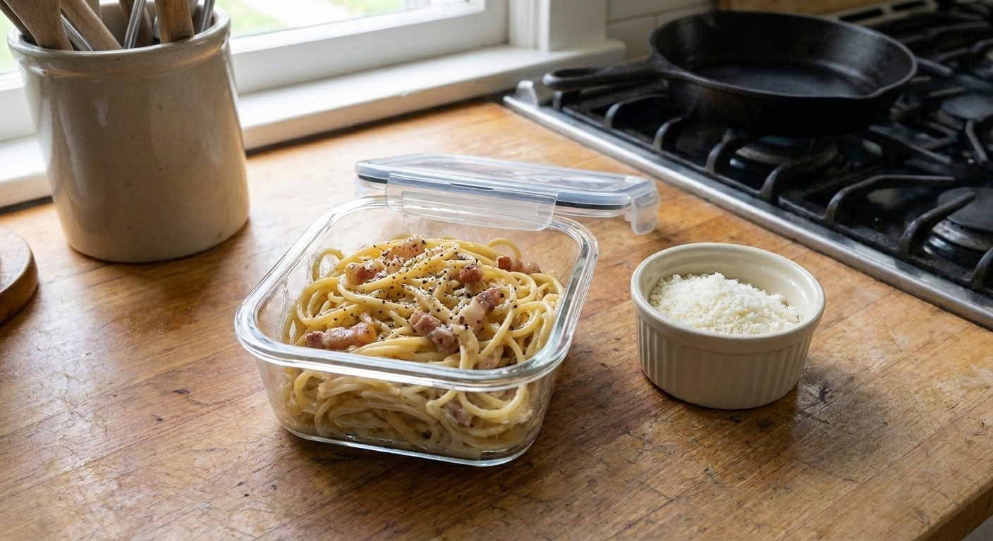 An airtight glass container holding leftover spaghetti carbonara on a kitchen counter next to a small ramekin of grated cheese