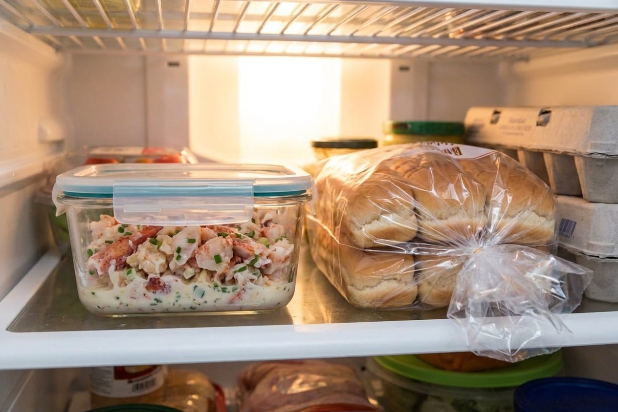 An airtight glass container of lobster salad with chives in a refrigerator next to wrapped split-top buns, warm kitchen lighting