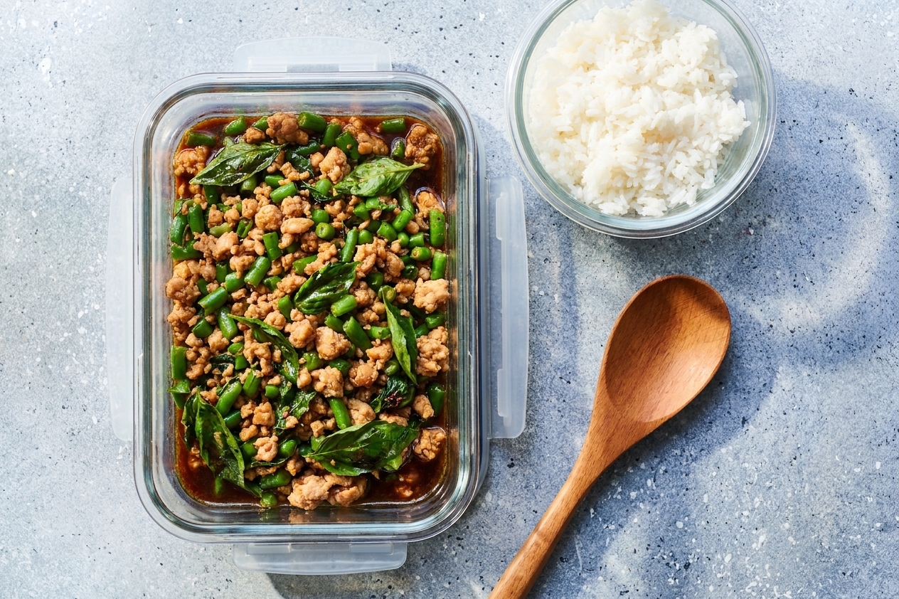 An airtight glass meal prep container filled with leftover Asian basil chicken and sauce, sitting on a clean kitchen counter next to a small container of rice