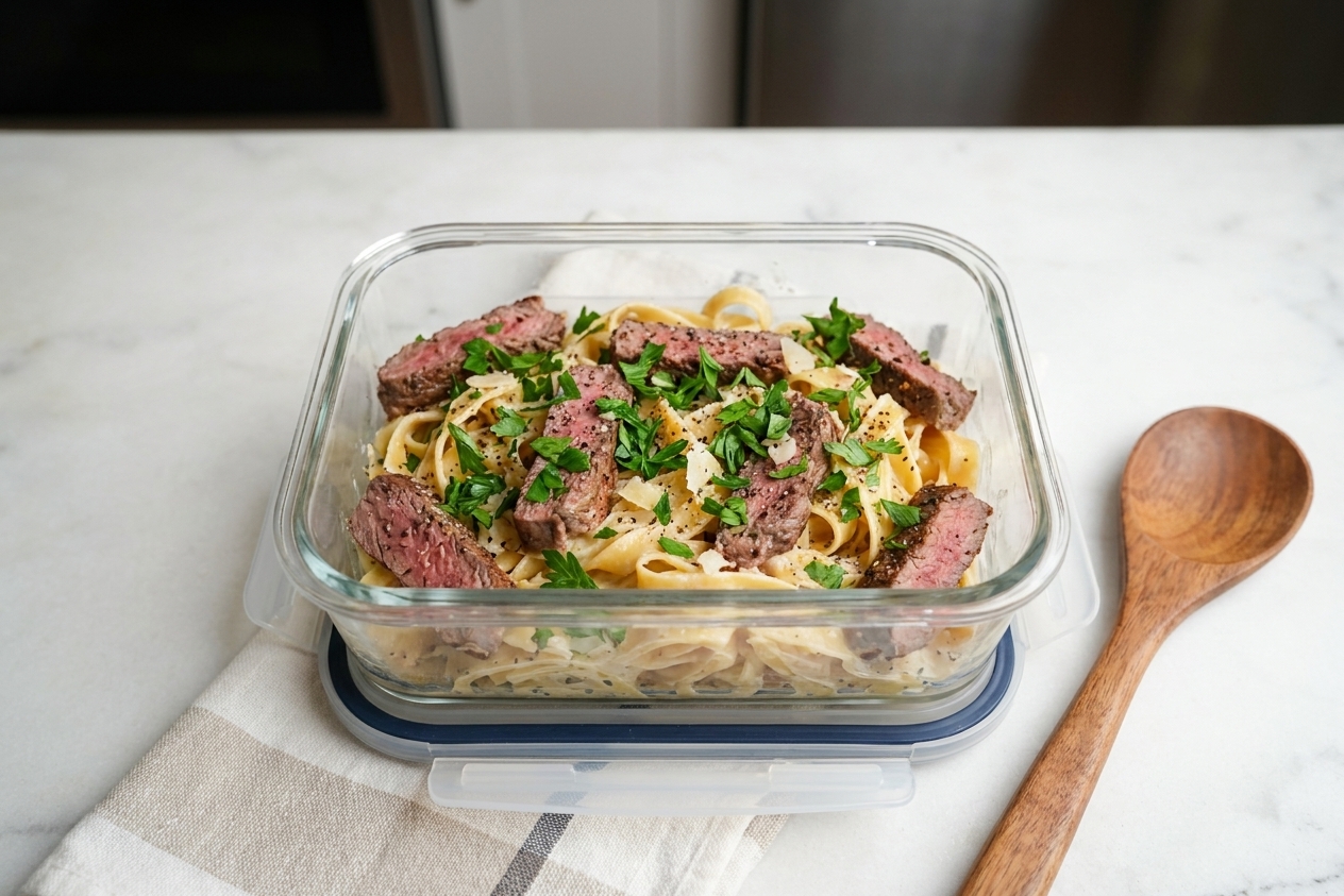An airtight glass meal prep container filled with leftover steak pasta with parsley visible on top sitting on a kitchen counter