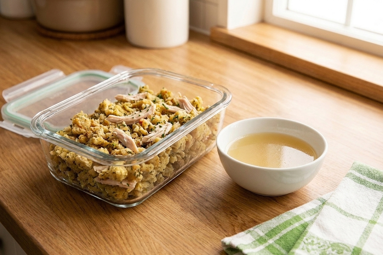 An airtight glass meal prep container filled with leftover chicken and dressing on a kitchen counter next to a small bowl of chicken broth