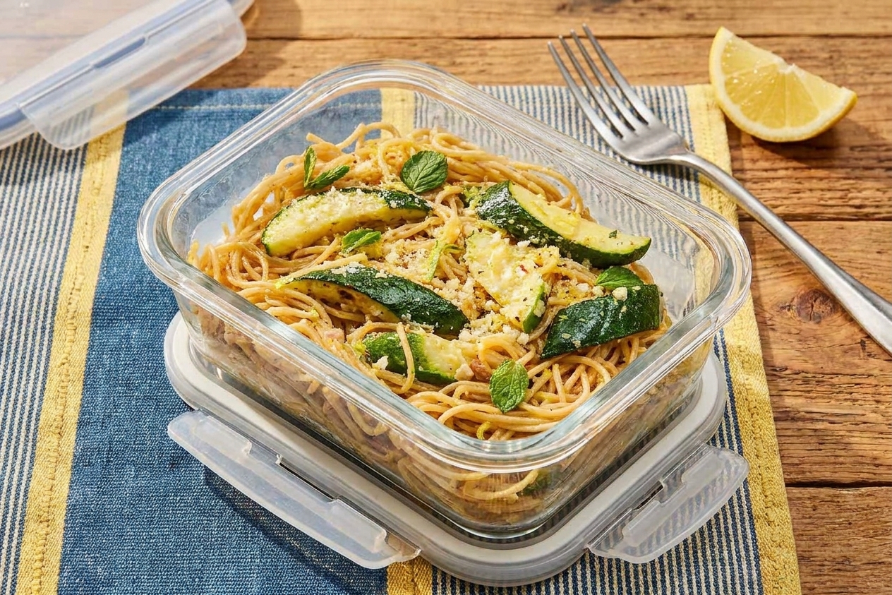 An airtight glass meal prep container filled with leftover zucchini pasta sitting on a kitchen counter next to a fork and a lemon wedge