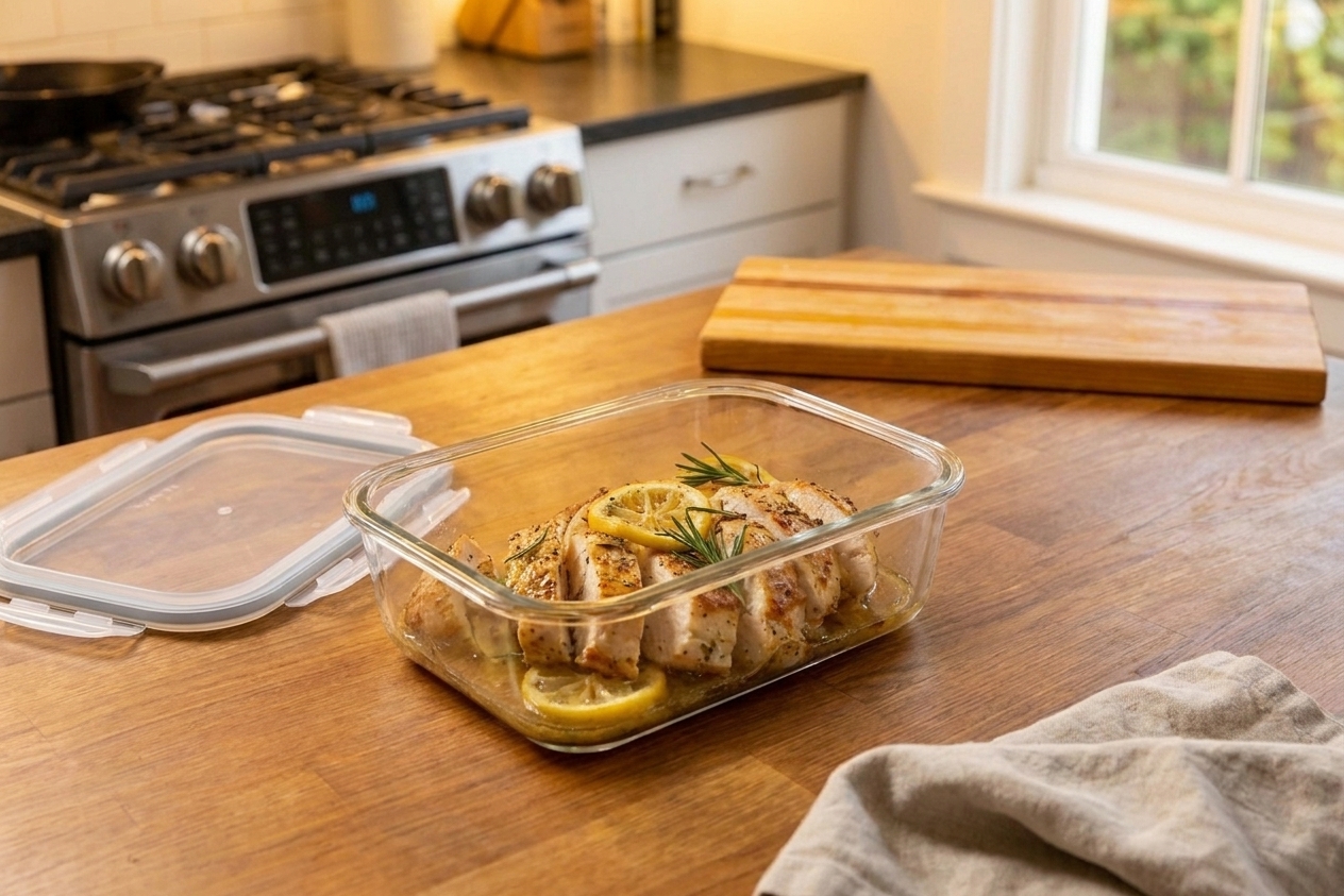 An airtight glass meal prep container filled with sliced rosemary lemon chicken and a little pan sauce, sitting on a kitchen counter next to a lid