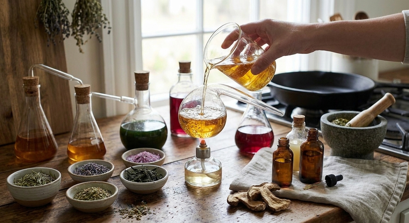 An alchemy lab setup with glass retorts, herbs, and bottles arranged on a wooden kitchen counter