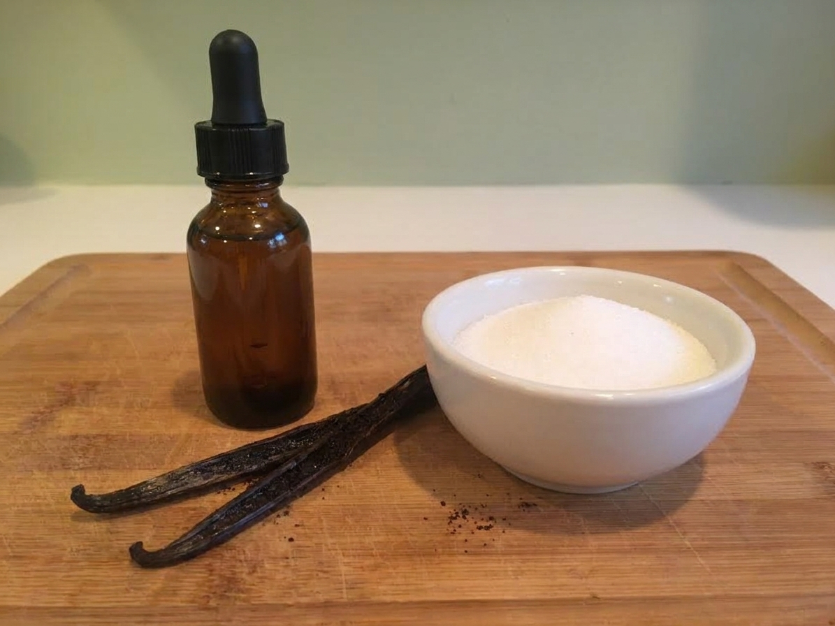 An amber glass dropper bottle next to split vanilla beans and a small bowl of sugar on a wooden kitchen counter