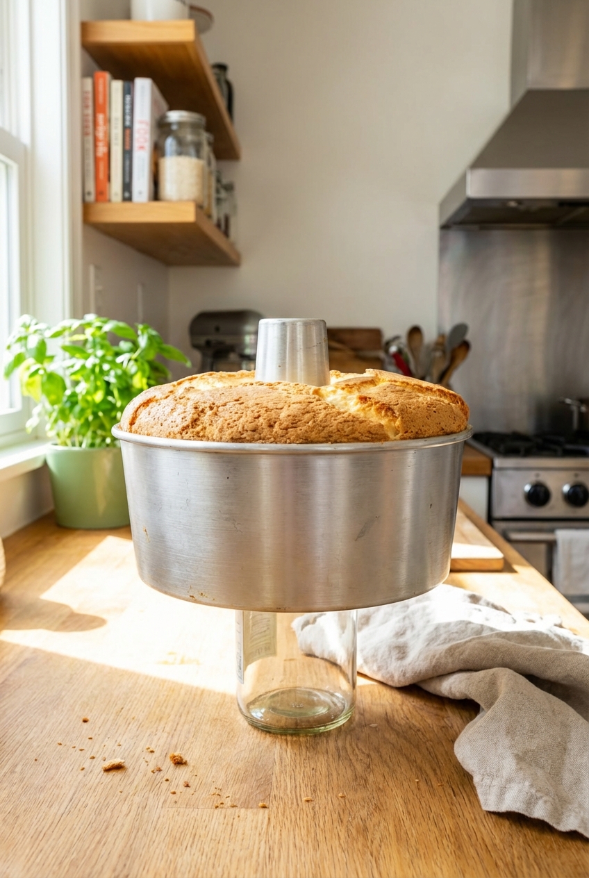 An angel food cake in a tube pan cooling upside down on a countertop in a bright kitchen