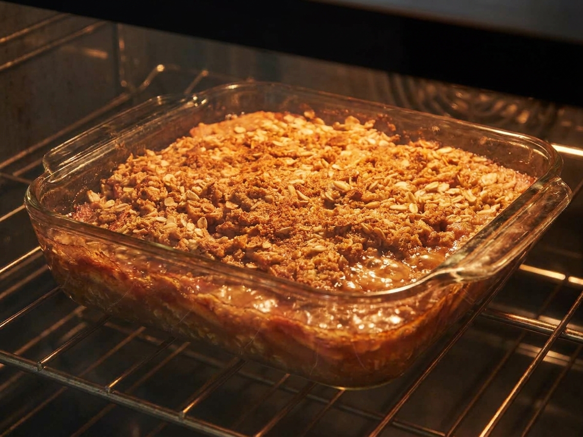 An apple crisp baking in a glass dish with bubbling juices around the edges and a golden oat topping, seen through an oven door window
