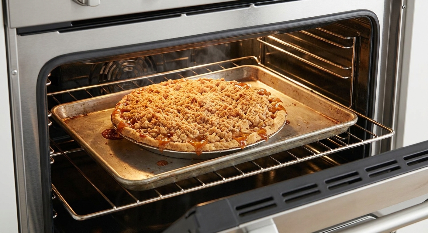 An apple crumb pie on a sheet pan baking in an oven with the crumb topping turning golden brown