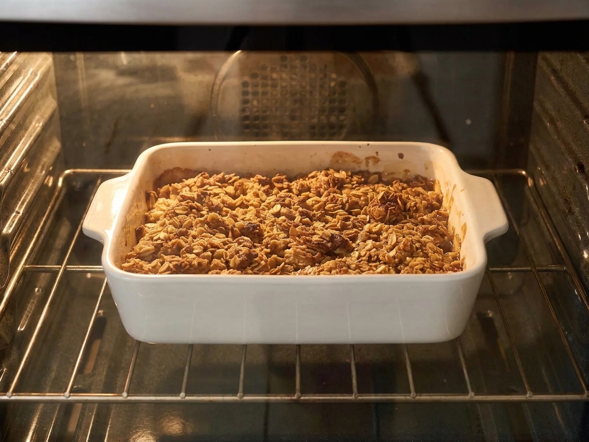 An apple crumble in a baking dish on the middle rack of an oven, topping turning golden brown