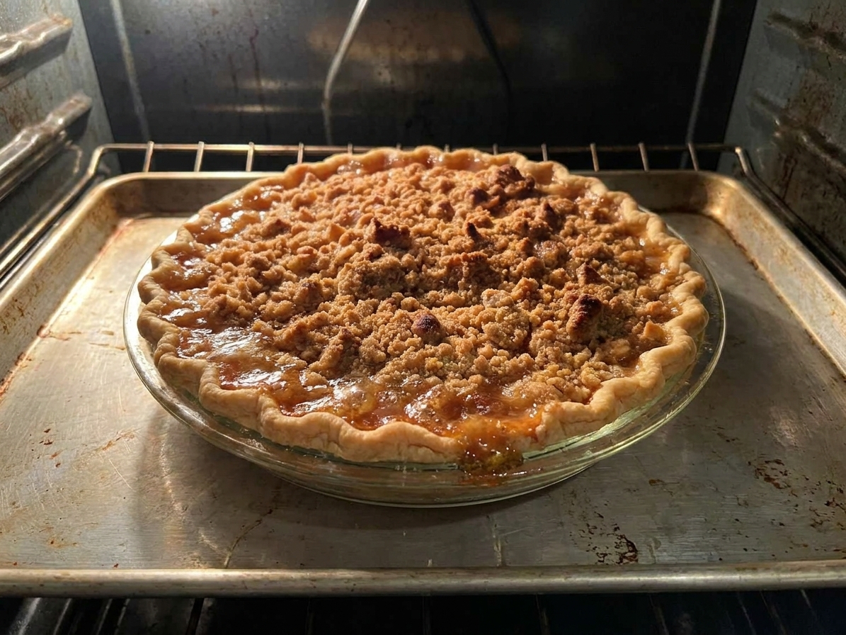An apple crumble pie baking on a sheet pan in an oven, topping turning golden brown and bubbling at the edges