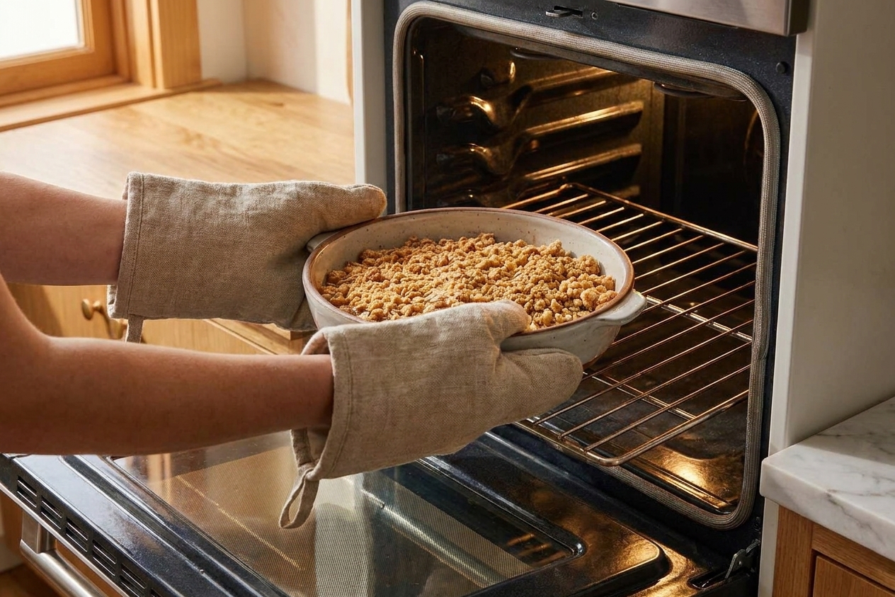 An apple crunch baking dish being placed into a preheated oven on the center rack