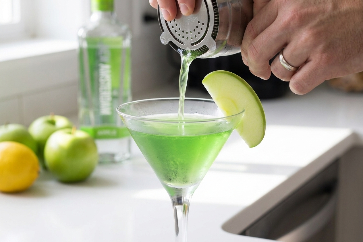 An appletini being strained from a cocktail shaker into a chilled martini glass on a white countertop