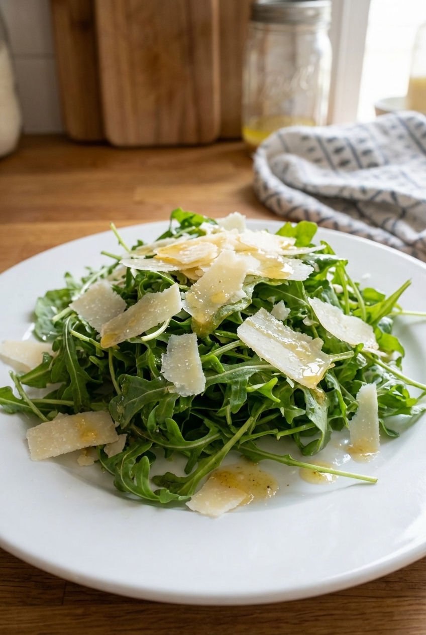 An arugula salad with shaved parmesan and a light vinaigrette