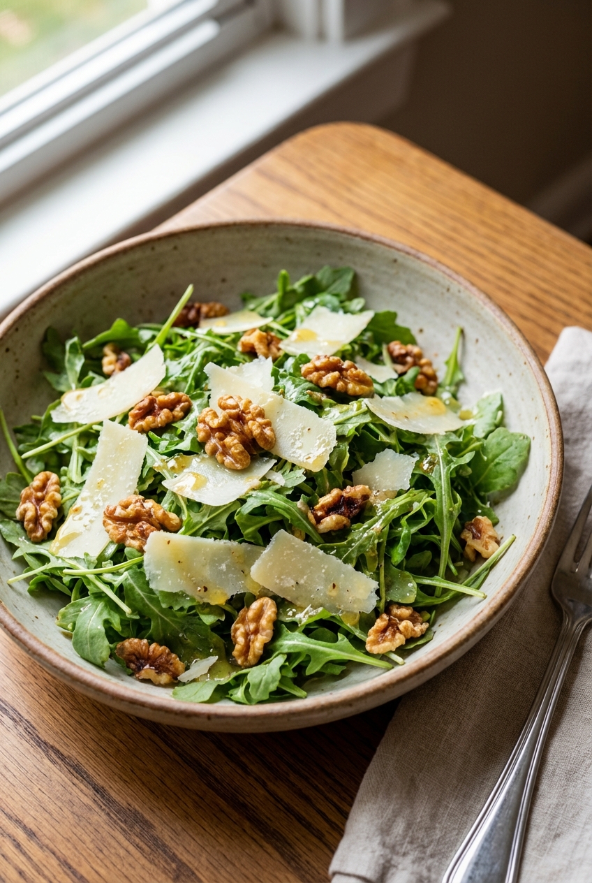 An arugula salad with shaved parmesan, toasted nuts, and a light vinaigrette