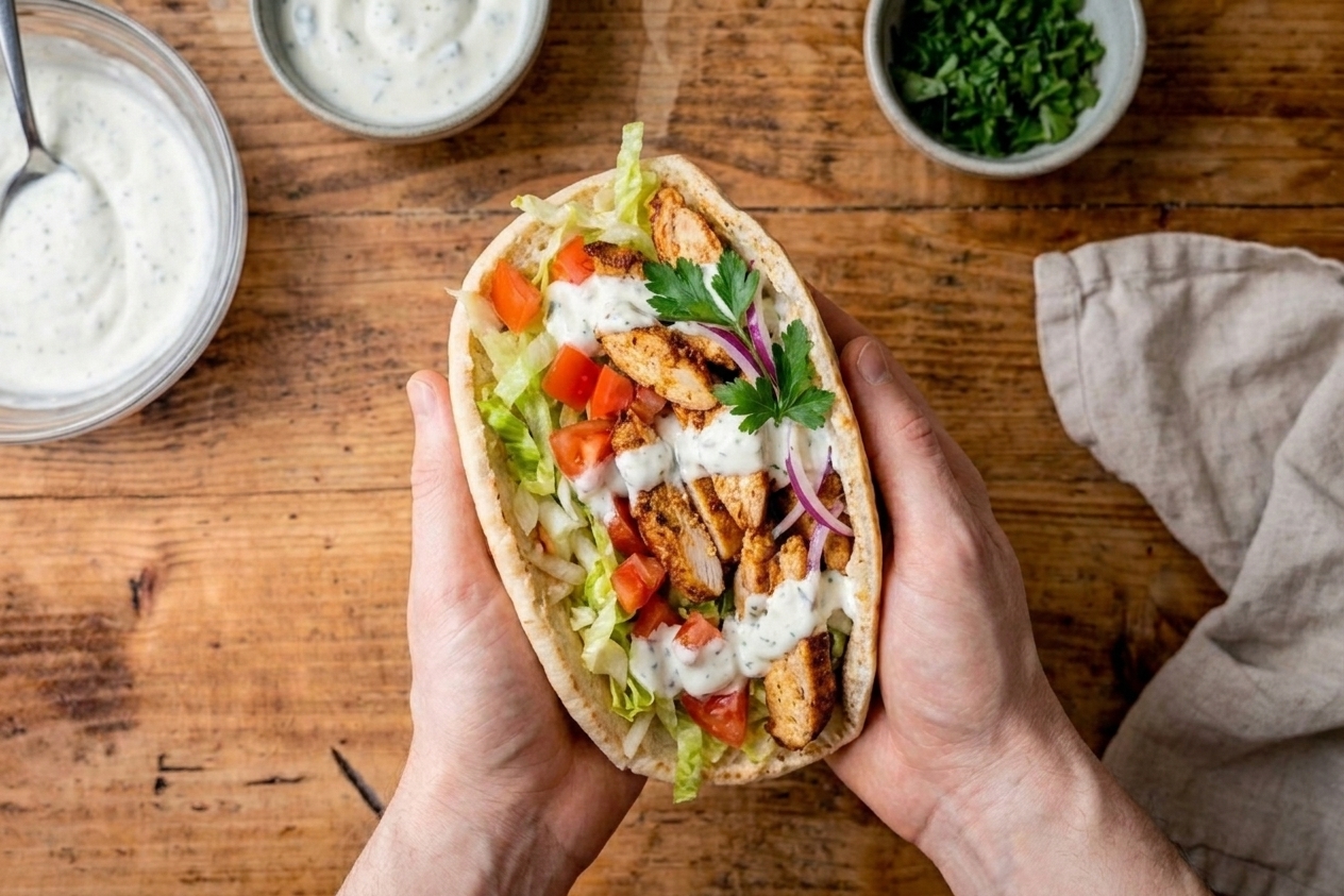 An assembled chicken doner wrap with visible sliced chicken, lettuce, tomatoes, red onion, and yogurt sauce