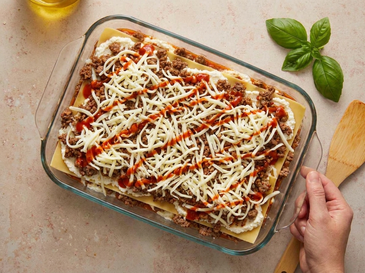 An assembled unbaked lasagna in a 9x13 baking dish on a kitchen counter, topped with shredded mozzarella and sauce, ready for the oven in warm lighting