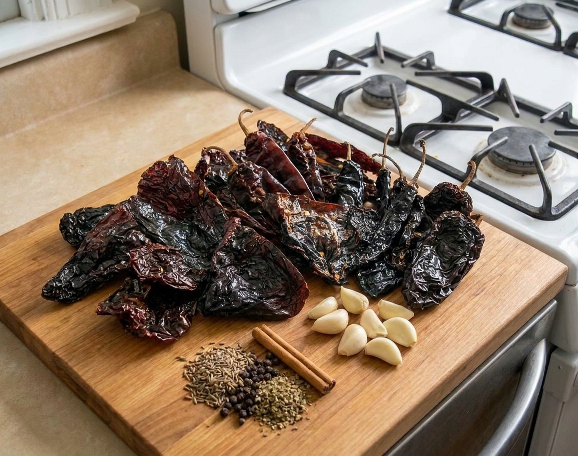 An assortment of dried ancho, pasilla, and mulato chiles with garlic and spices on a wooden cutting board on a clean kitchen counter