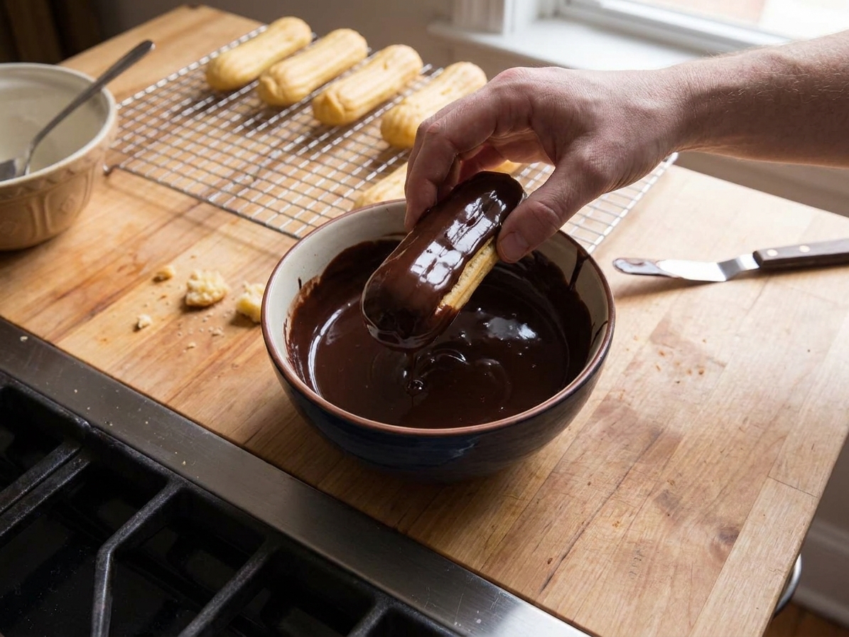 An eclair being dipped top-side down into a bowl of glossy chocolate glaze on a kitchen counter