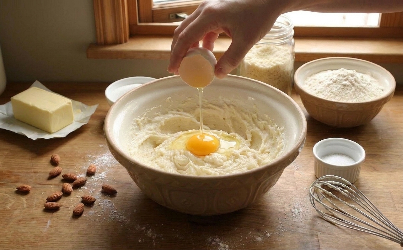 An egg being added to a bowl of almond frangipane mixture with measured ingredients nearby on a kitchen counter
