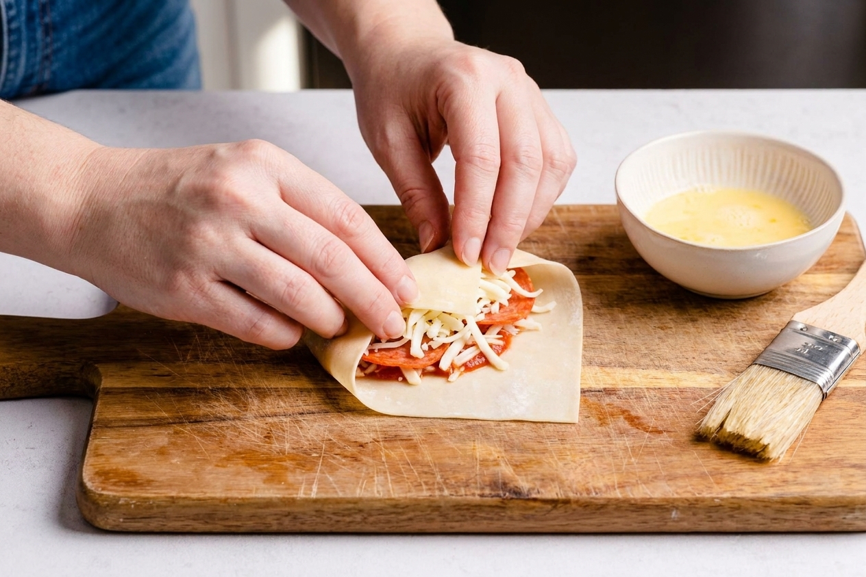 An egg roll wrapper being rolled around a small mound of pizza filling on a wooden cutting board