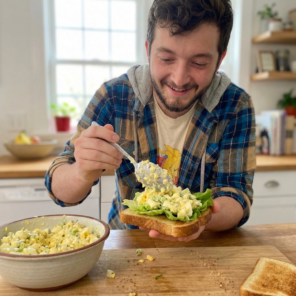 An egg salad sandwich being assembled with toasted bread, lettuce, and a generous scoop of egg salad