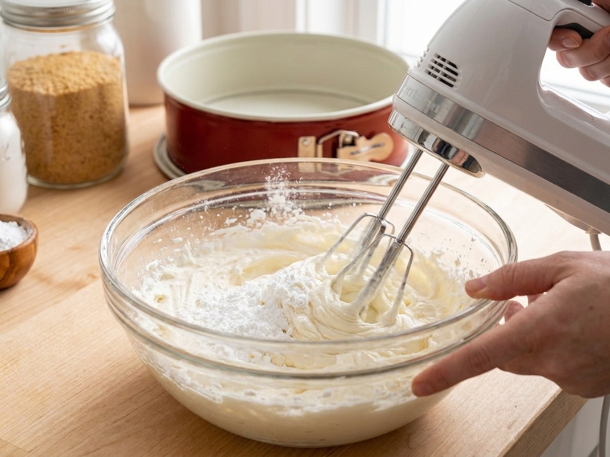 An electric hand mixer whipping cream cheese and powdered sugar in a large mixing bowl on a bright kitchen counter