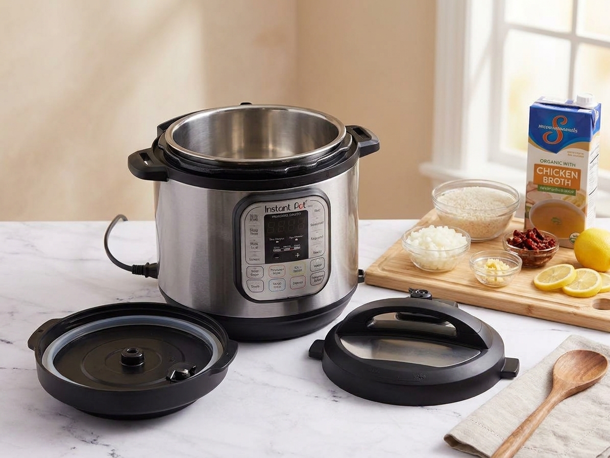 An electric pressure cooker sitting on a clean kitchen counter with the lid beside it, ready to cook