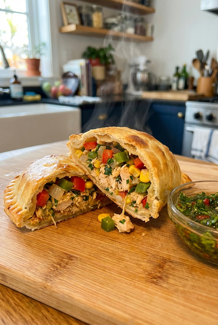 An empanada cut open showing a juicy chicken and vegetable filling with visible diced peppers and herbs