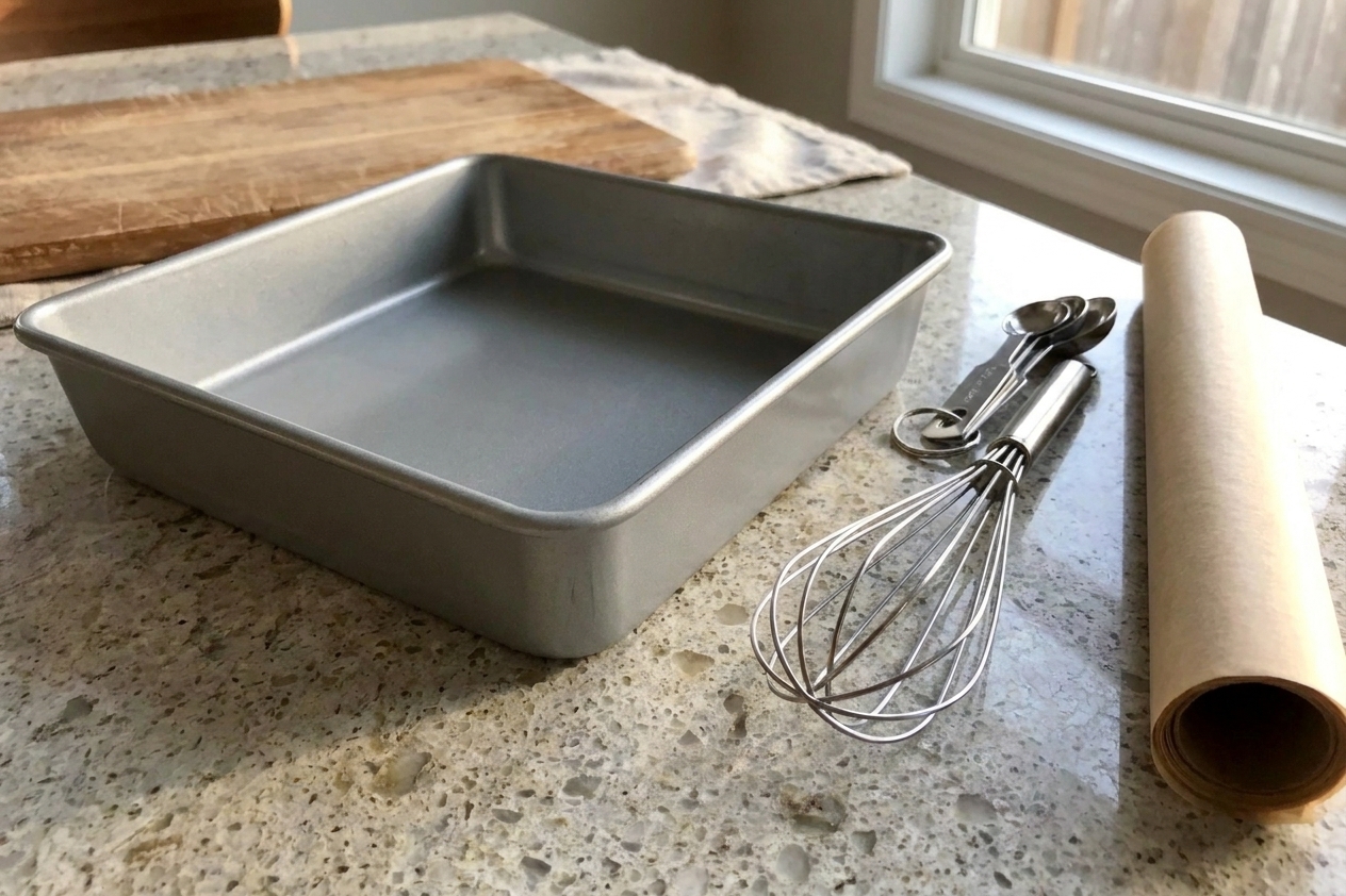 An empty 8x8 metal baking pan set on a clean kitchen counter beside a whisk, measuring spoons, and parchment paper, in soft warm daylight