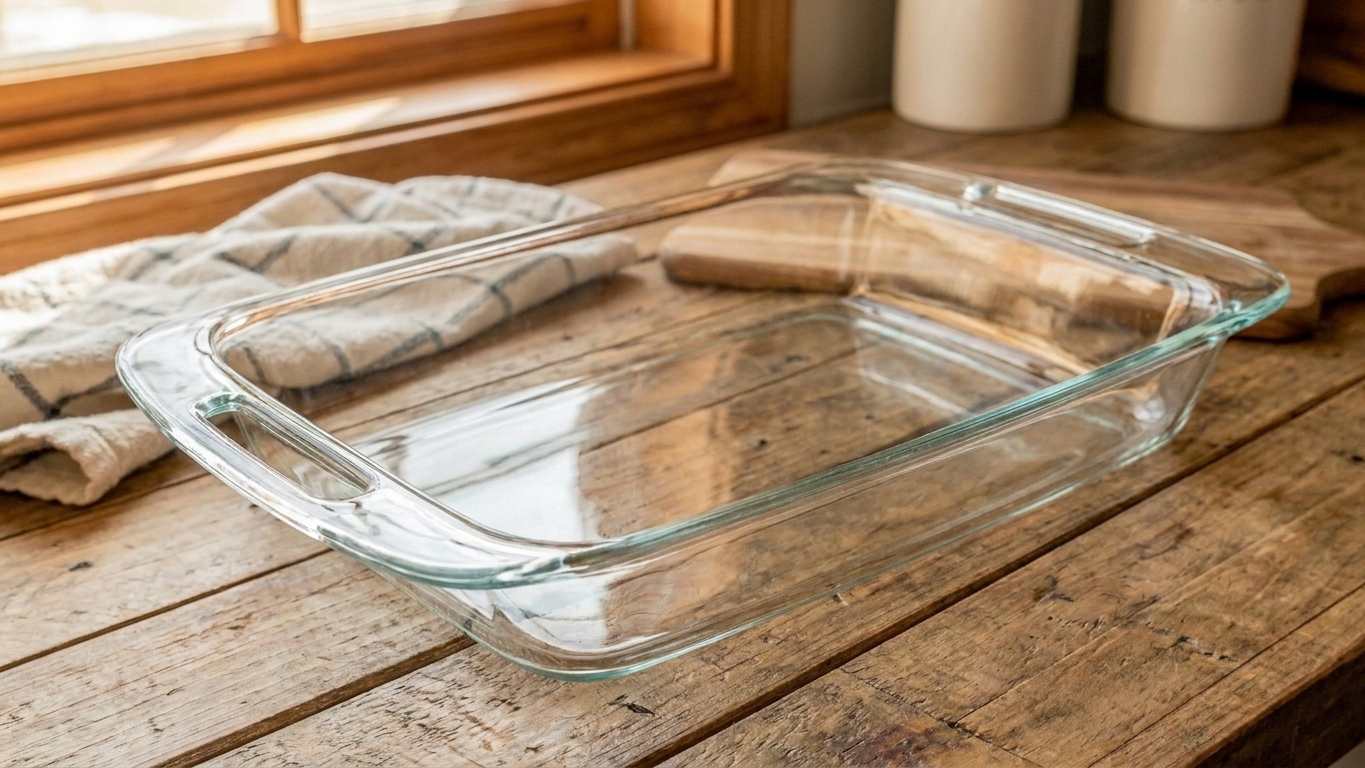 An empty 9 x 13-inch glass baking dish sitting on a clean kitchen counter under warm lighting