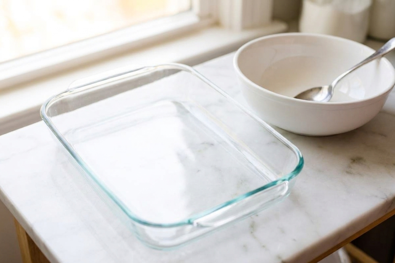 An empty 9x13-inch glass baking dish on a bright kitchen counter next to a mixing bowl and spoon