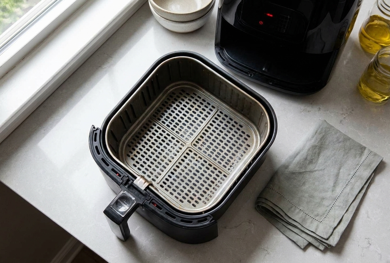 An empty air fryer basket sitting on a kitchen counter as it preheats