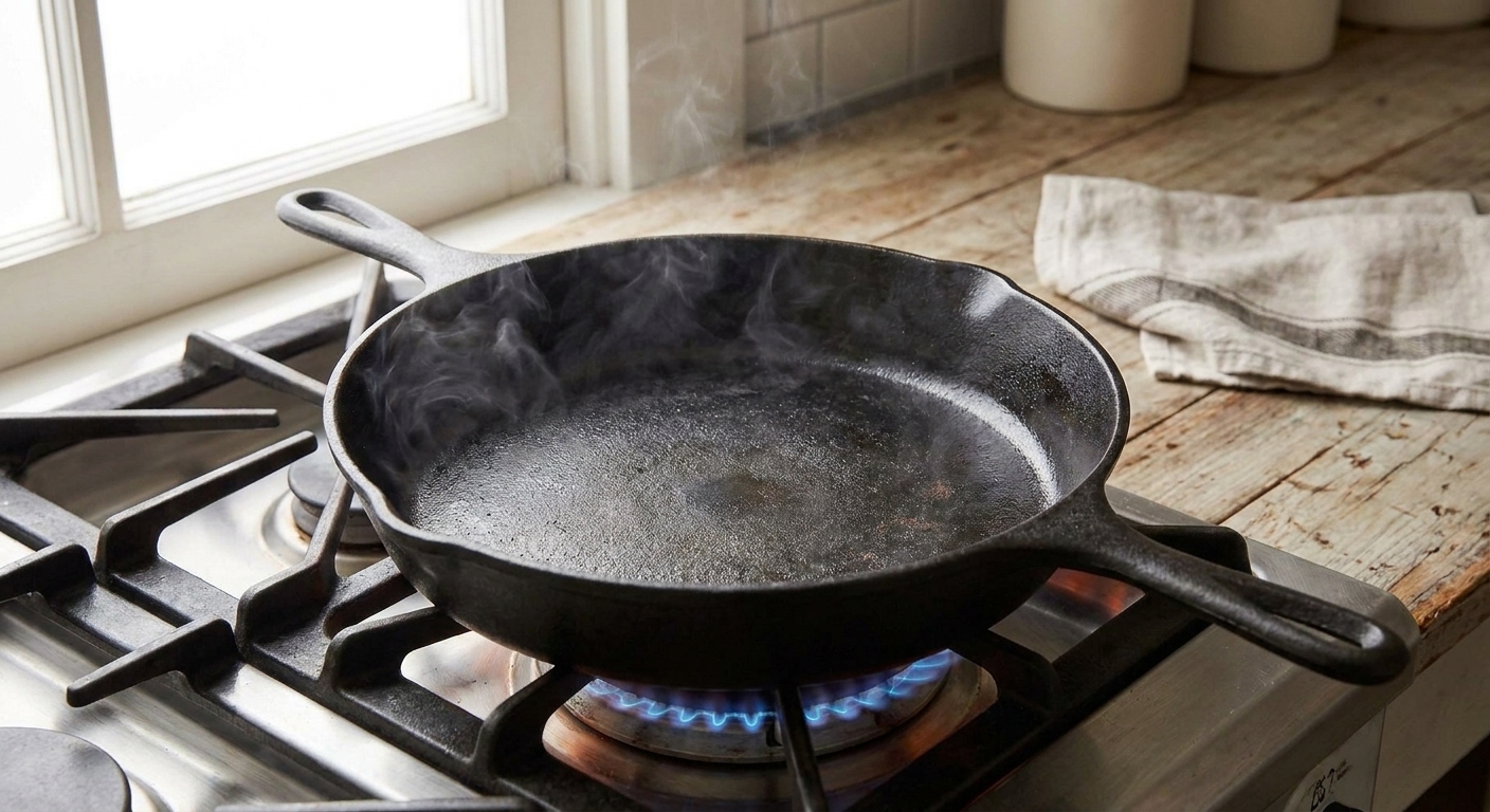 An empty cast-iron skillet heating on a gas stove burner in a bright home kitchen