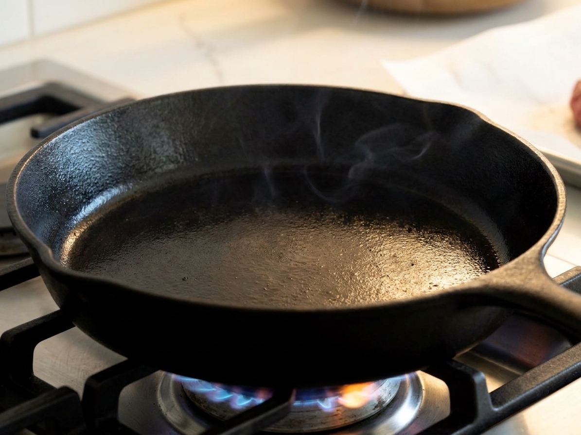 An empty cast iron skillet heating on a stovetop burner with a faint shimmer of heat visible, kitchen counter in the background