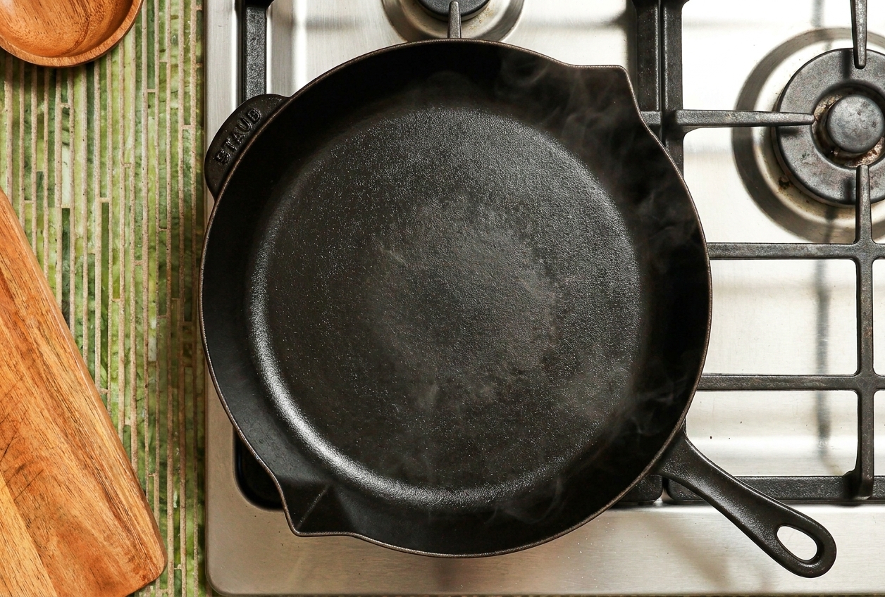 An empty cast iron skillet heating on a stovetop burner, faint heat shimmer visible under warm kitchen lighting