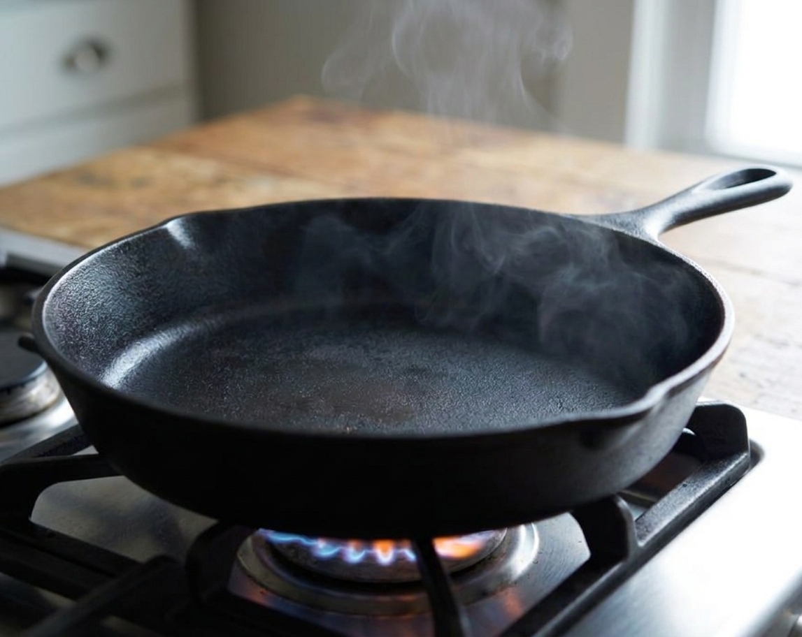 An empty cast iron skillet heating on a stovetop burner with a light wisp of heat rising