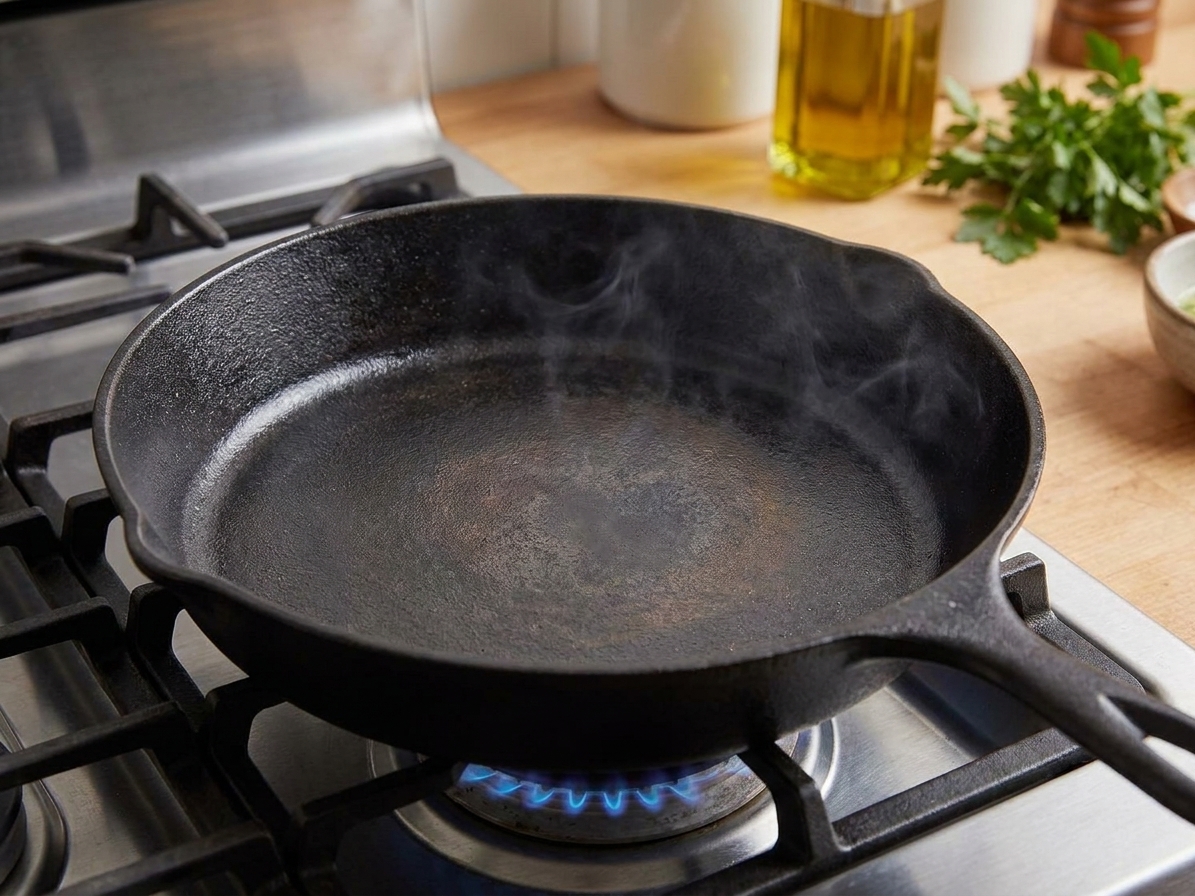 An empty cast iron skillet heating on a stovetop with a faint shimmer of heat visible