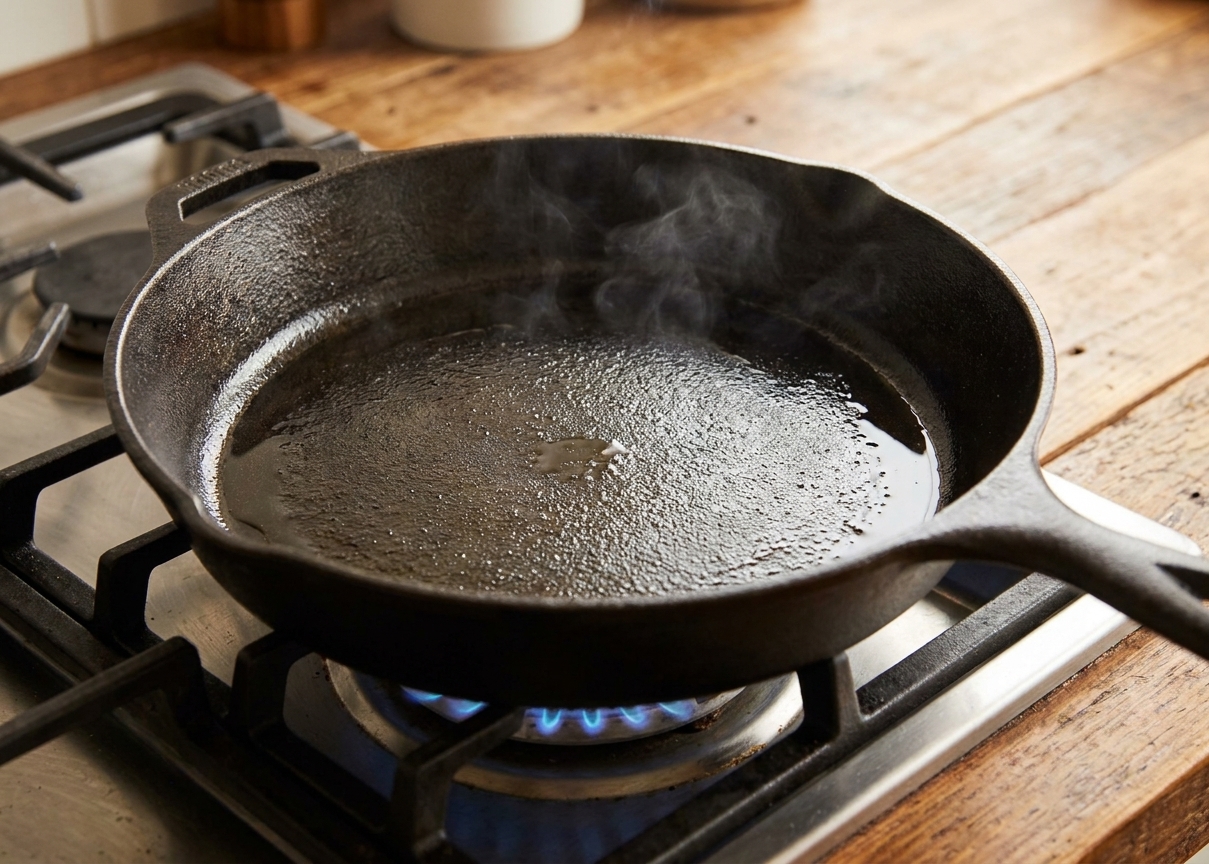An empty cast iron skillet heating on a stovetop with a light sheen of oil