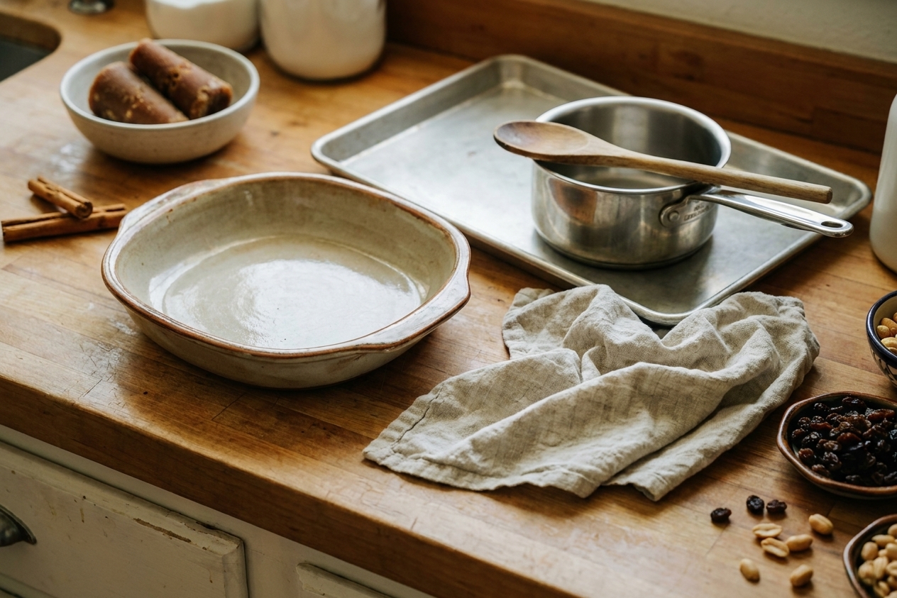 An empty ceramic baking dish next to a sheet pan and a small saucepan on a tidy kitchen counter, ready for making capirotada