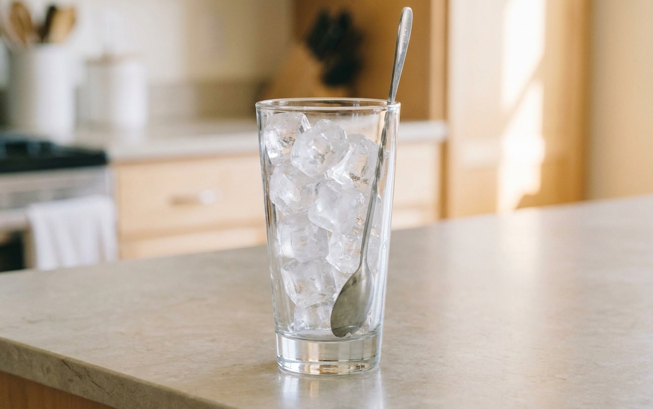 An empty highball glass filled with clear ice cubes on a stone colored countertop next to a long spoon