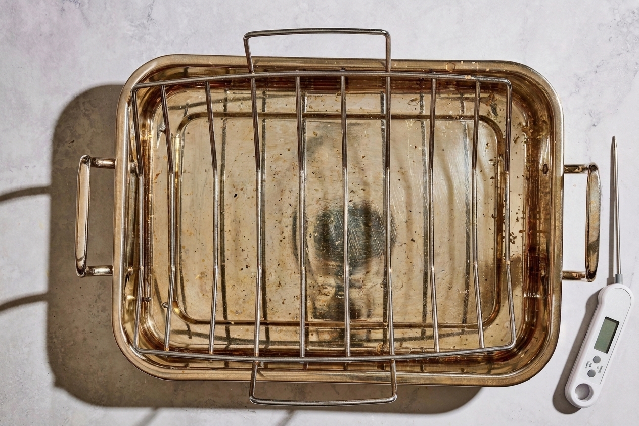 An empty metal roasting pan with a rack set inside, placed on a kitchen counter with a thermometer nearby