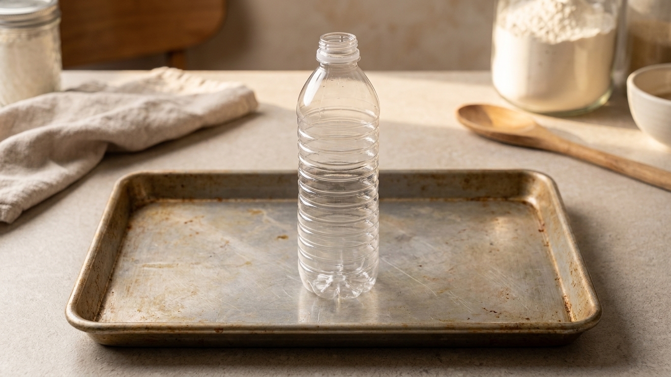 An empty plastic bottle standing upright in the center of a rimmed baking sheet on a clean kitchen counter