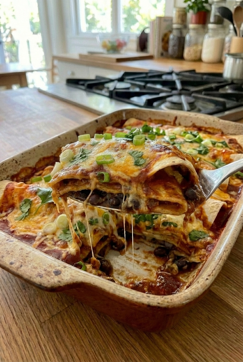An enchilada casserole being sliced in a baking dish with a spatula lifting out a square piece